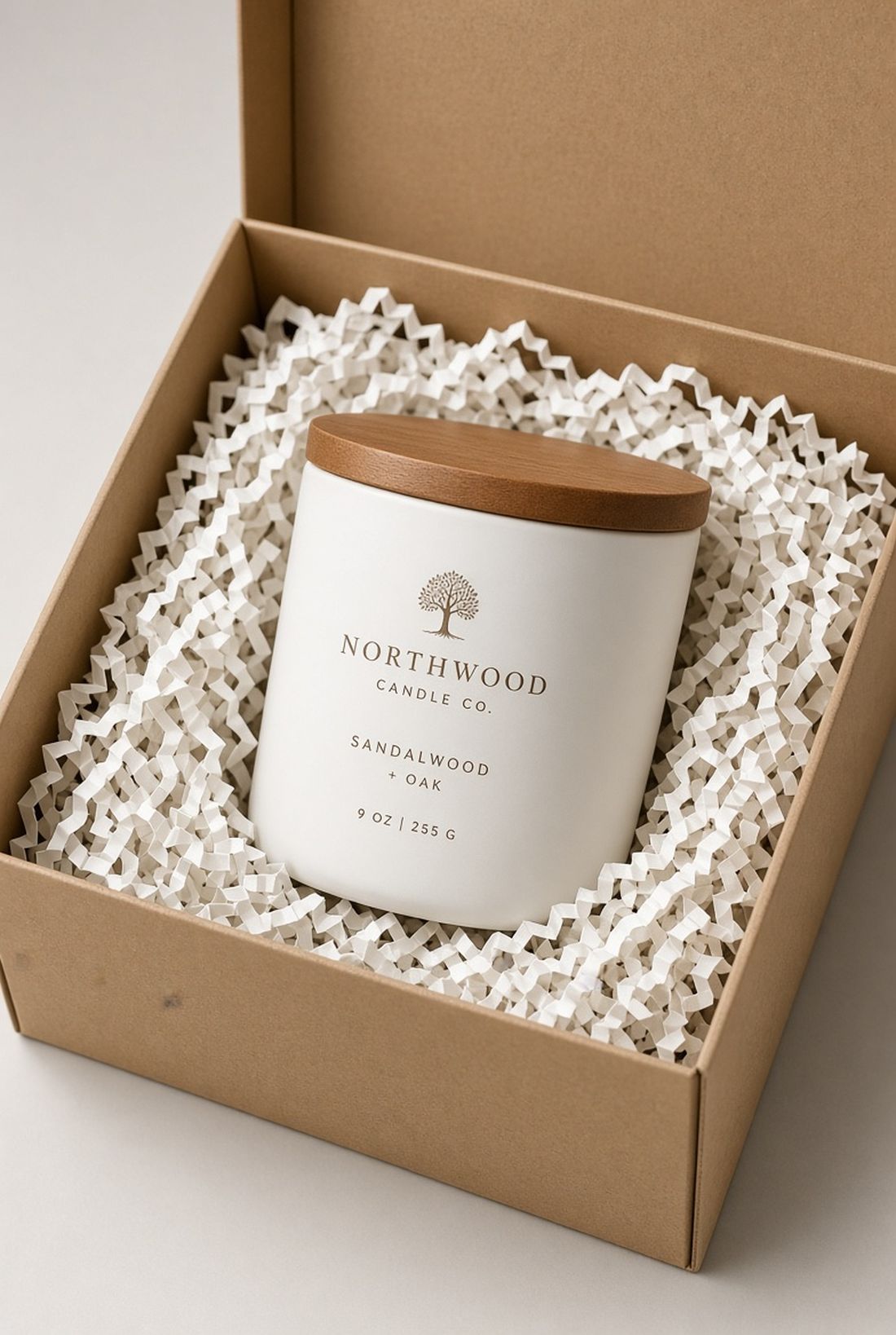 Kraftkleurige geschenkdoos met een witte kaars in helderwit opvulmateriaal.